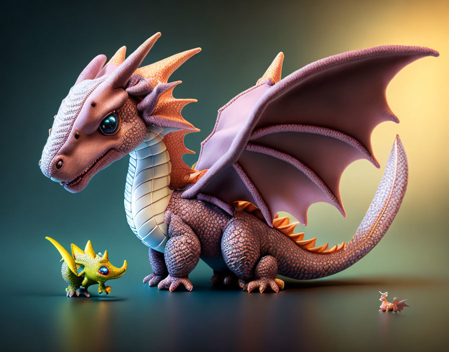Three dragons: two large with wings, one small, in 3D against gradient backdrop