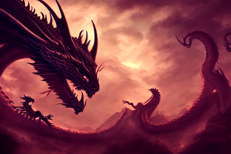 Majestic dragon and rider silhouette in dramatic red sky