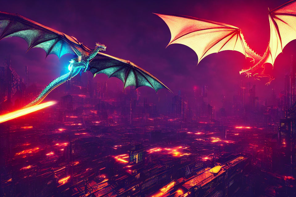 Two dragons soar above futuristic city with red lights under dark sky
