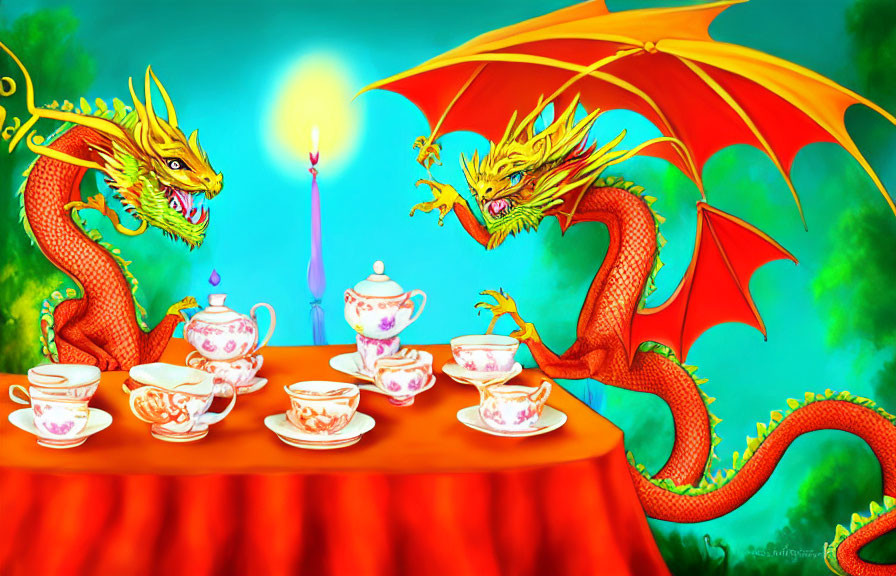 Colorful Dragons Tea Party Table Setting with Teapot and Candle