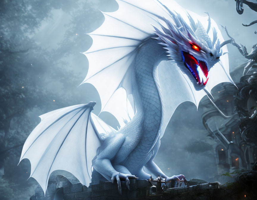 Blue Dragon with Glowing Red Eyes Perched on Stone Structure