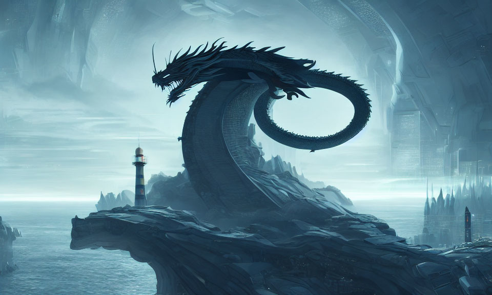 Enormous dragon on cliffs near lighthouse in misty landscape
