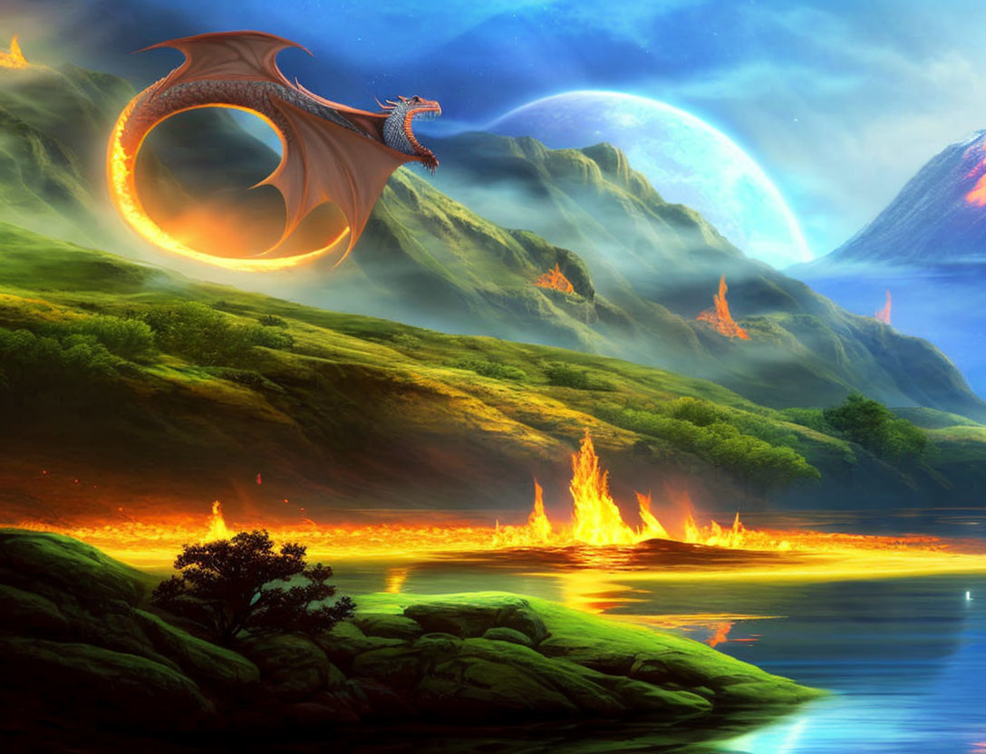 Fantasy landscape with dragon, eruptions, greenery, lake, celestial objects