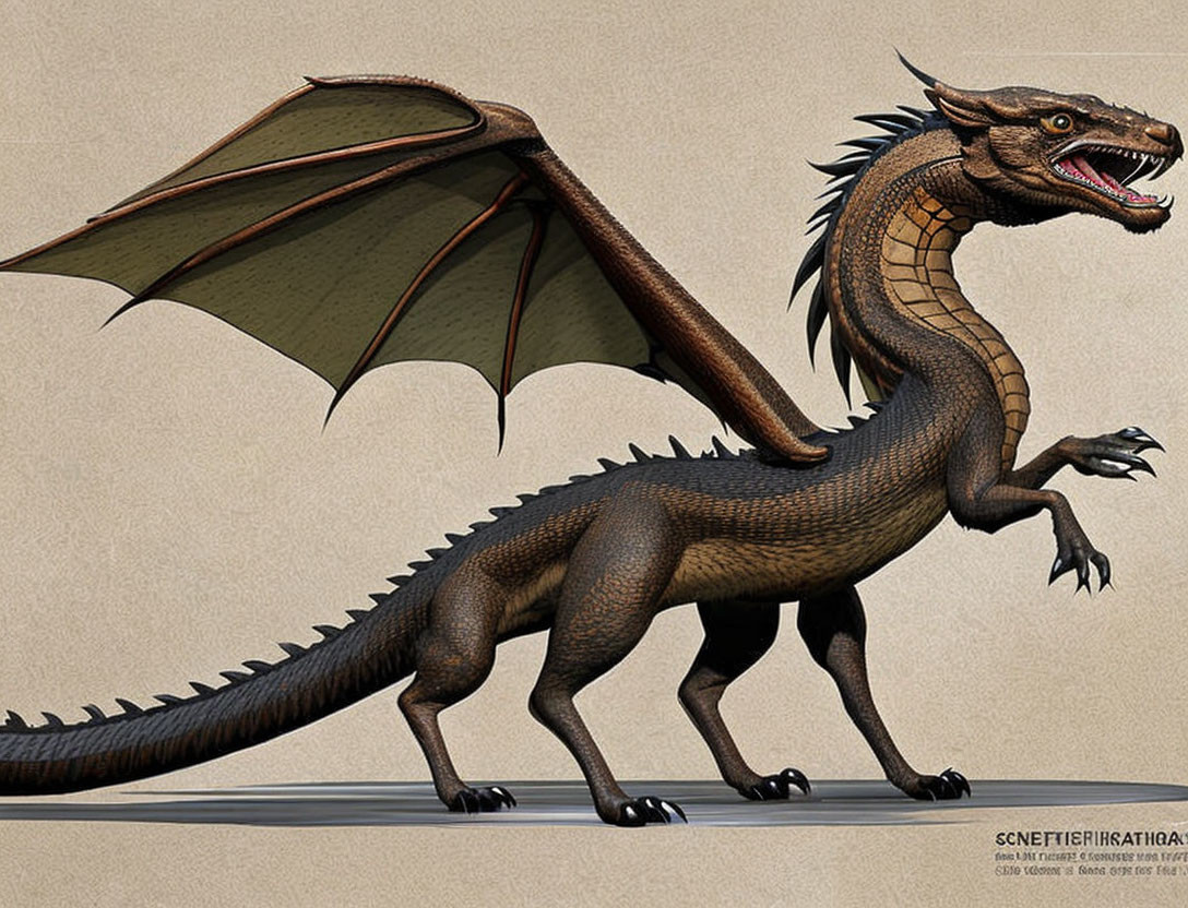 Detailed Brown Dragon Illustration with Stretched Wings