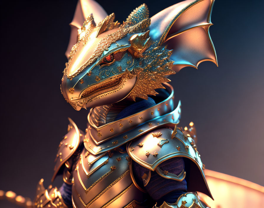 Detailed 3D Rendering of Dragon in Ornate Armor with Red Eye