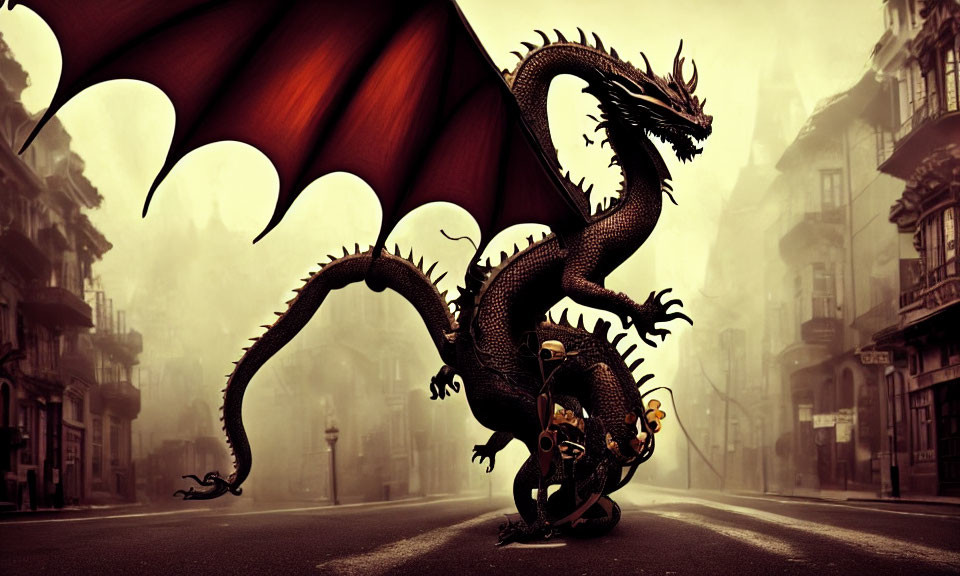 Majestic dragon in foggy city street with spread wings