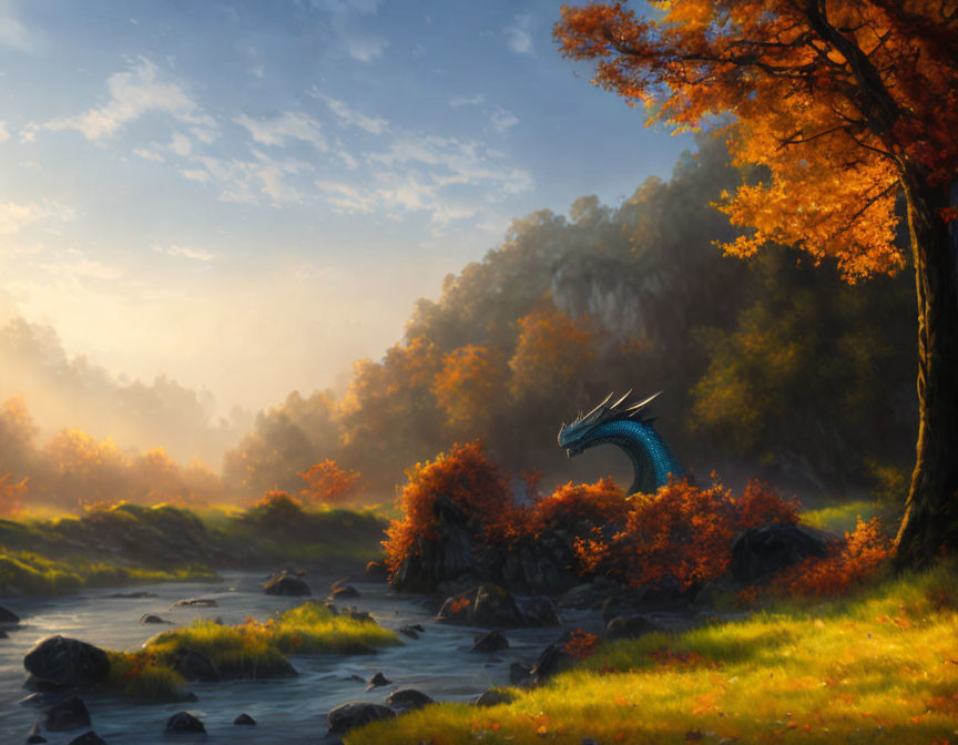 Autumn Sunrise Landscape with Blue Dragon Head in Misty Setting