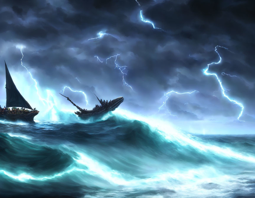 Stormy Seas: Dramatic Image of Ships in Thunderstorm