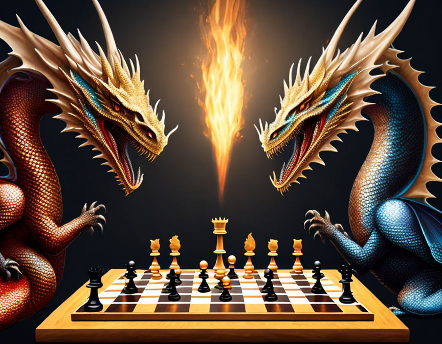 Dragons in fiery confrontation over chessboard king piece