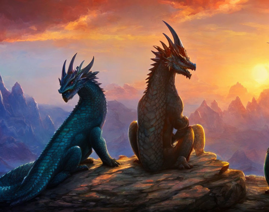 Majestic dragons on rocky outcrop under sunset sky