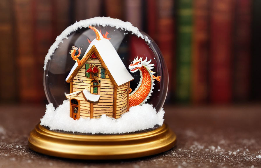 Snow Globe with Dragon and Snow-Covered House Among Colorful Book Spines