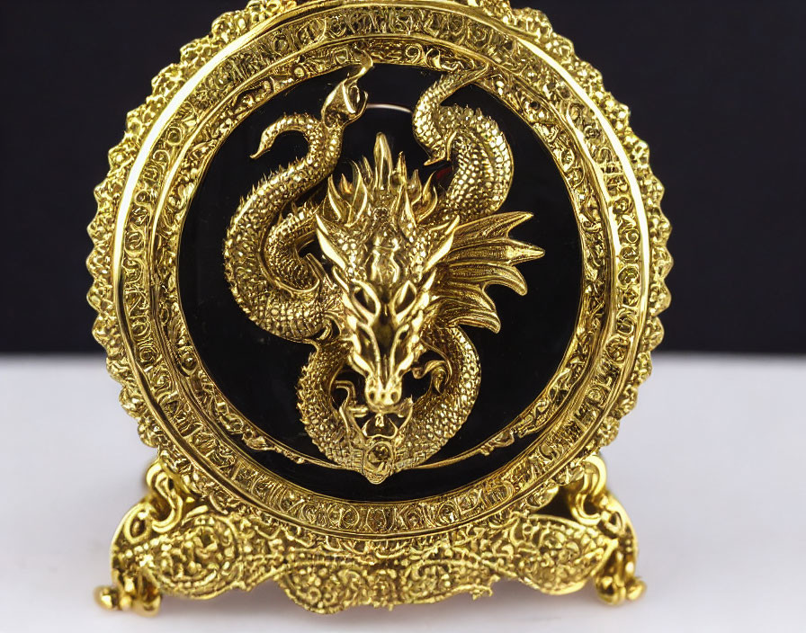 Gold Dragon Embossed on Black Circular Background with Golden Frame