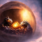 Dragon hatchlings in glowing nest with mist: a magical scene