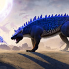 Digital Art: Blue Spiky Dragons in Desert Landscape with Dramatic Sky