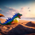 Colorful Toy Dragon with Soccer Ball on Sandy Beach at Sunset