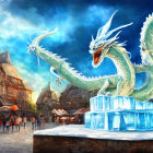 Ice Dragon on Frozen Pedestal in Medieval Market Square
