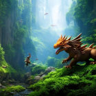 Mythical dragon in enchanted forest with ethereal lighting