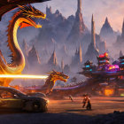 Majestic dragon with sports car and motorcycles in oriental cityscape