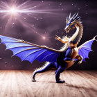 Majestic blue and gold dragon with spread wings on wooden floor against purple backdrop