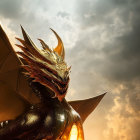 Majestic dragon with golden horns and scales against dramatic cloudy sky