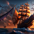 Majestic ship sailing under dramatic sky with dragon and birds in golden sunset sea
