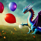 Colorful dragon with blue scales holding red balloon in whimsical field.