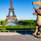 Dragon digitally placed at Eiffel Tower with Seine River in background