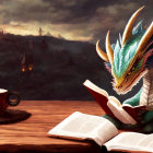 Blue and Green Dragon Reading Book with Tea in Fantasy Landscape