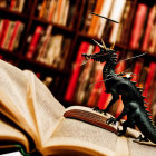 Black Dragon Figurine on Open Book with Bookshelf Background