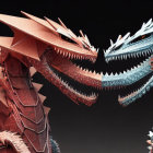 Detailed Mechanical Dragons with Red Eyes Facing Each Other on Dark Background