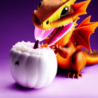 Animated orange dragon licking white pumpkin on purple background