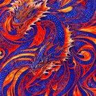 Vibrant orange and blue intertwined dragon illustration with swirling flames