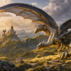 Majestic dragon with outstretched wings on rocky terrain surrounded by smaller dragons