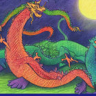 Vibrant hand-drawn illustration of colorful dragons under yellow moon