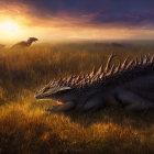 Majestic dragon resting in sunlit field with smaller dragons playing under dramatic sky