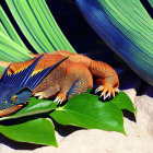 Colorful iguana with blue spines on green leaf with palm fronds.