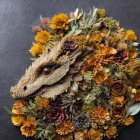 Crocodile head sculpture with dried flowers in yellow, orange, and purple