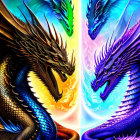 Vividly Colored Dragons in Dramatic Stance Against Fiery Backdrop