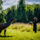 Person in hat and coat with small dinosaur replica near life-sized dinosaur model in lush green park