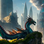Majestic dragon on cliff with futuristic skyscrapers and dramatic sky