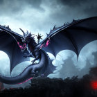 Black Dragon with Glowing Red Eyes in Fantasy Ruins Stormy Sky