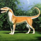 Theropod Dinosaur with Orange and White Stripes in Lush Green Setting