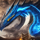 Blue dragon with glowing eyes and scales in sunset sky with castle silhouette