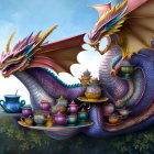 Colorful dragons with ornate teapots and cups on vibrant background