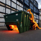 Digitally altered image: Orange dragon breathing fire in green dumpster
