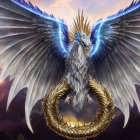 Majestic fantasy bird with golden and blue feathers in twilight sky