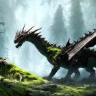 Moss-Covered Green and Black Dragon in Misty Forest