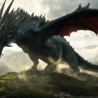 Enormous dragon on hillock with spread wings and misty mountains.