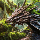 Detailed Illustration: Brown Dragon in Moss-Covered Forest