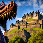 Dragon statue with open jaw in front of historic castle on sunny day